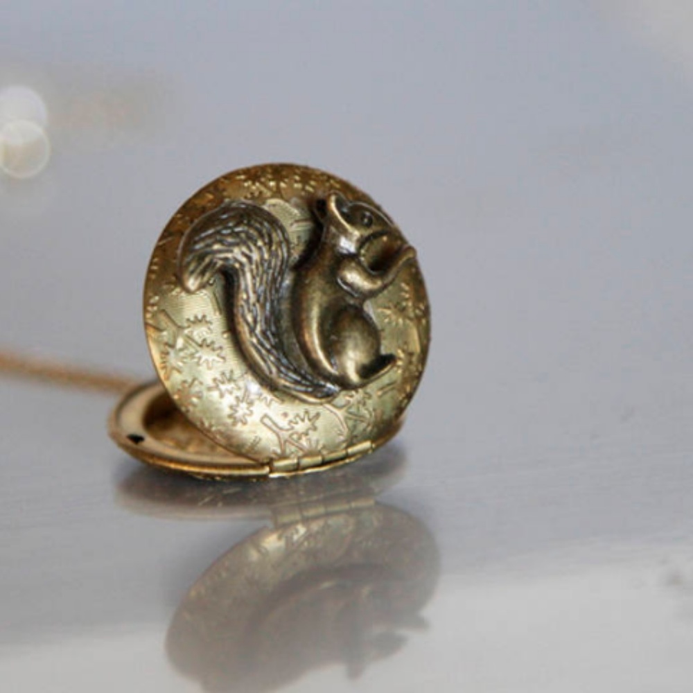 Squirrel Locket Necklace, Vintage Brass, Handmade - Picture 3 of 5